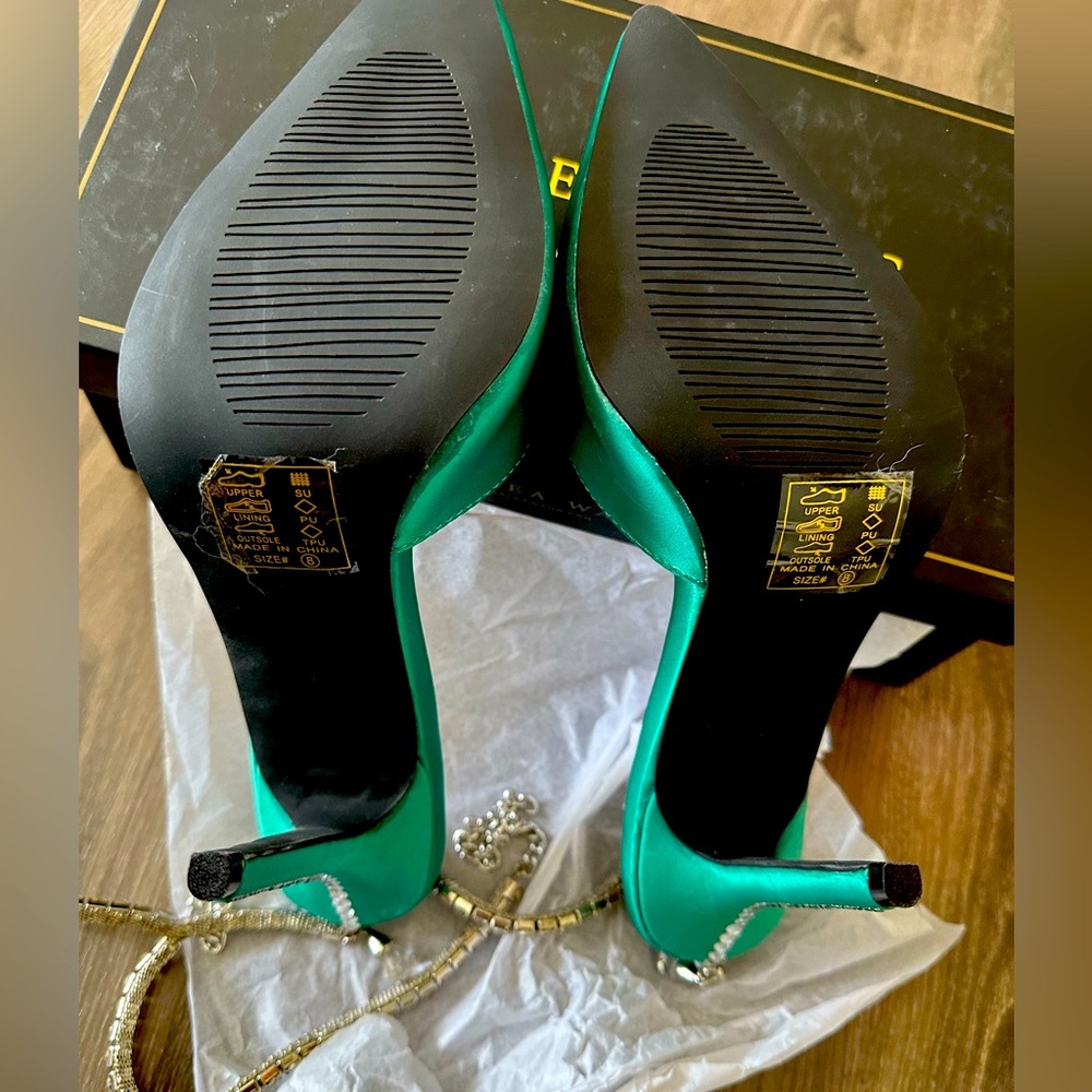 Green Satin and Rhinestone Heels - Picture 5 of 7